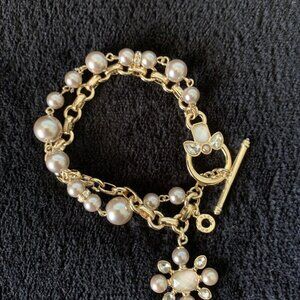 Bracelet ANNE KLEIN Toggle Flower 2 Strand Pearl Rhinestone Chain Goldtone